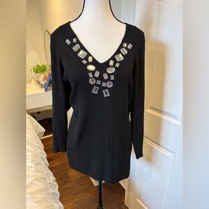 August Silk Black V-Neck Embellished Knit Tunic Top Size 2X